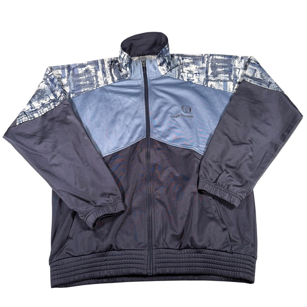 Sergio Tacchini Track Jacket Mens XL 48 Blue Gray Graphic Colorblock Full Zip